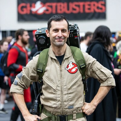 Man in Ghostbusters cosplay at convention