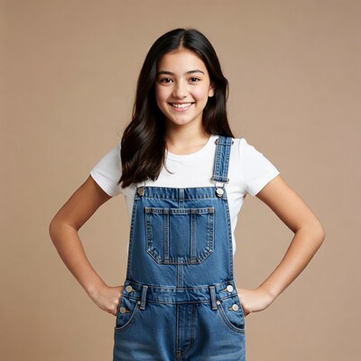 Asian girl in denim overalls smiling