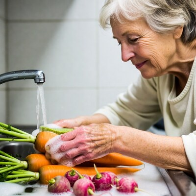 Elderly woman washing carrots sink