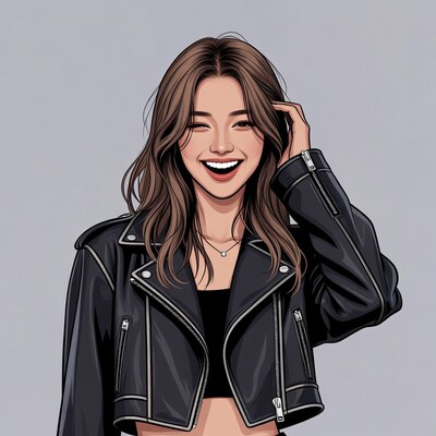 Asian girl smiling in leather jacket