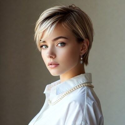 Woman with blonde pixie haircut