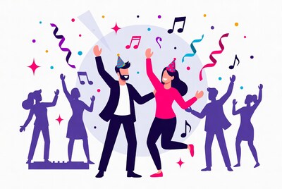 Party People Dancing with Confetti and Music