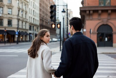 Couple holding hands at crosswalk