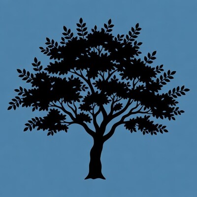 Black silhouette tree on blue background
