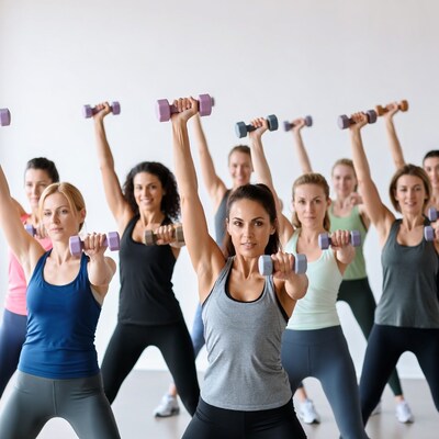 Group of women lifting dumbbells in gym
