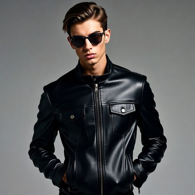 Young man in black leather jacket