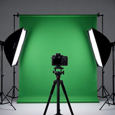 Camera on Tripod with Green Screen Studio