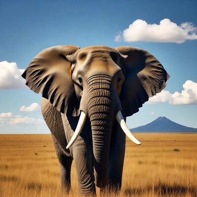 Elephant standing in savanna with mountain