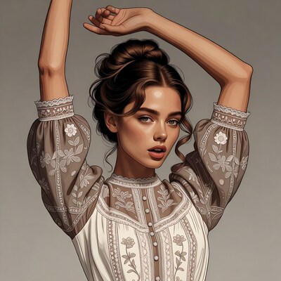 Woman in lace blouse raising arms