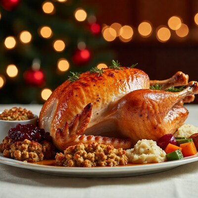 Roast Turkey Dinner with Christmas Tree Background