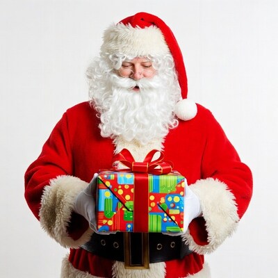Santa Claus holding colorful gift box