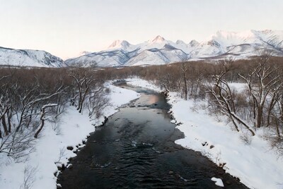 Snowy River Winding Through Winter Mountains