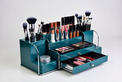 Teal Makeup Organizer with Brushes Lipsticks