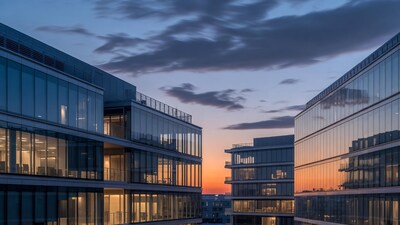 Glass Office Buildings at Sunset
