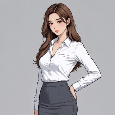 Asian woman in white blouse gray skirt