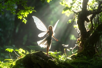 Fairy with wings on forest rock