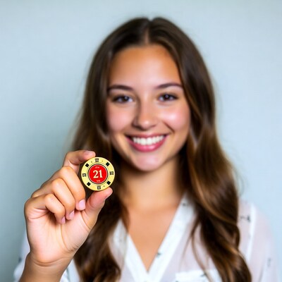 Smiling woman holding 21 poker chip