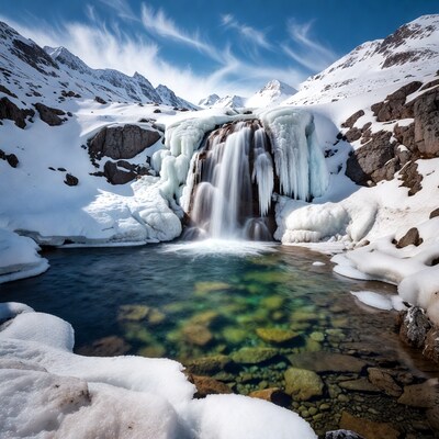 Frozen waterfall in snowy mountains