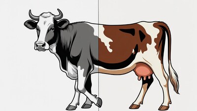 Black and White vs Colored Cow Illustration