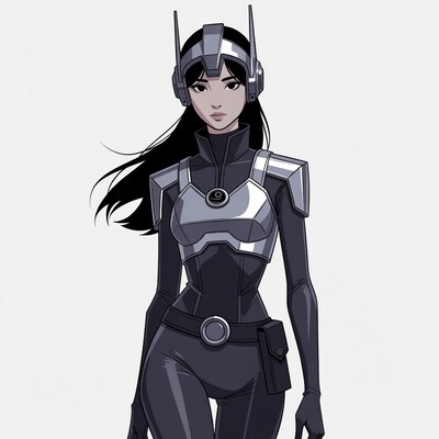 Asian woman in silver helmet armor