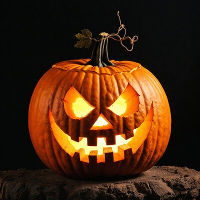 Lit Jack-o-Lantern on Wood