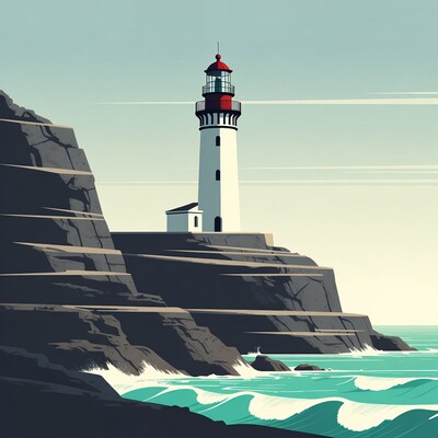 Lighthouse on rocky cliff by sea