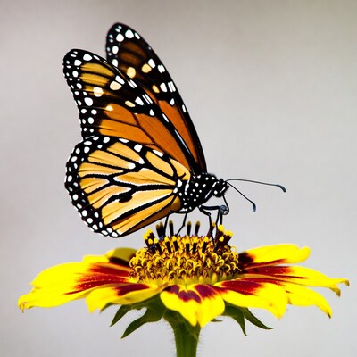 Monarch butterfly on zinnia flower
