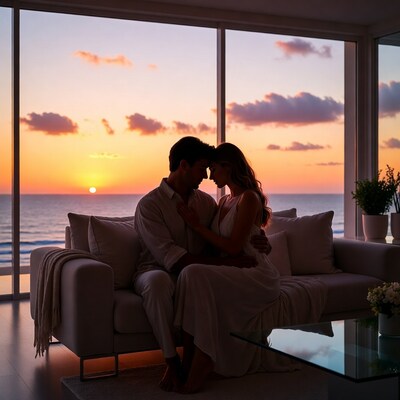Couple embracing on sofa at sunset