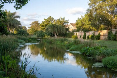 Serene creek with palms and wooden fence
