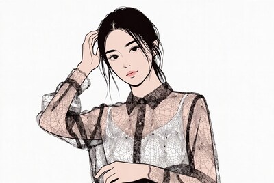 Asian woman touching hair in lace blouse