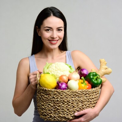 Woman holding basket of fresh vegetables