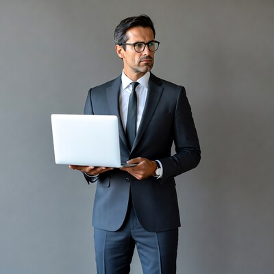 Businessman holding laptop