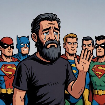 Bearded man crying with Justice League heroes