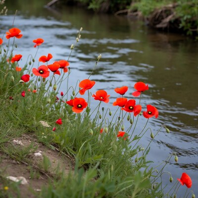Red poppies along riverbank