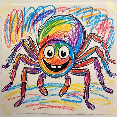 Colorful crayon drawing of happy spider
