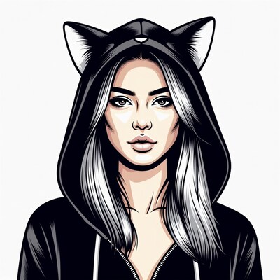 Woman in cat ear hoodie illustration