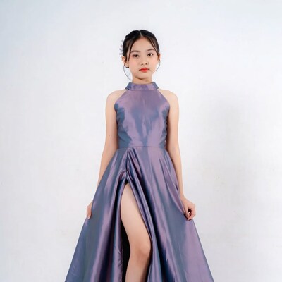 Asian girl in purple slit gown
