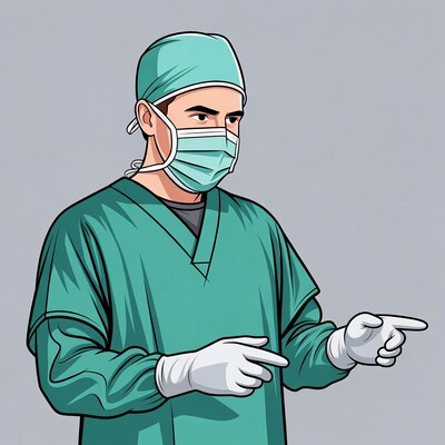 Surgeon pointing with both hands