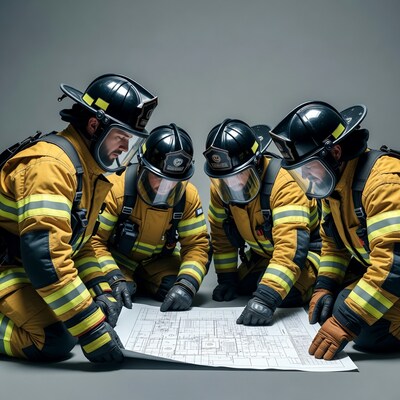 Firefighters reviewing blueprint plans