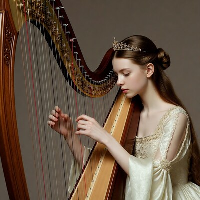 Girl playing harp in gown