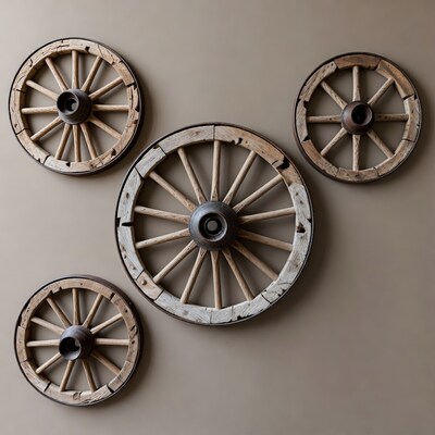 Five Wooden Wagon Wheels on Wall