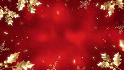 Golden Holly Leaves on Red Background
