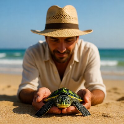 Man holding baby sea turtle on beach