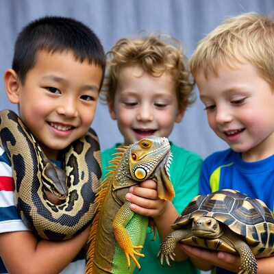 Boys holding snake iguana turtle