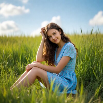 Young woman in blue dress in grass field
