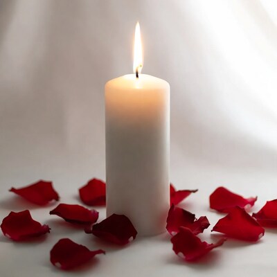 White Candle with Red Rose Petals