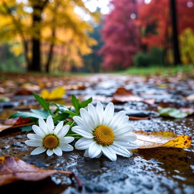 White Daisies on Wet Autumn Leaves