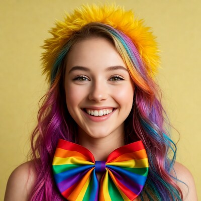 Girl with rainbow hair and bow