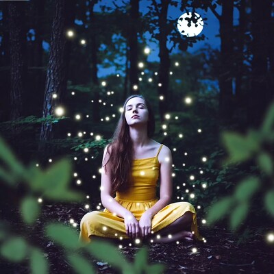 Woman meditating in forest with fireflies