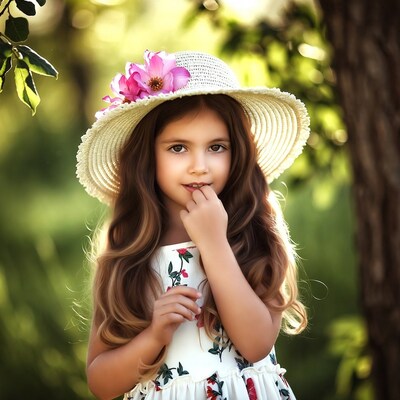 Girl in straw hat with flower outdoors
